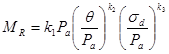 M subscript R equals k subscript 1 times P subscript a times open parenthesis theta divided by P subscript a closed parenthesis raised to the power of k subscript 2 times open parenthesis sigma subscript d divided by P subscript a closed parenthesis raised to the power of k subscript 3.