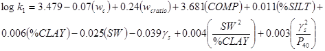 Log times k subscript 1 equals 3.479 minus 0.07 times open parenthesis w subscript c closed parenthesis plus 0.24 times open parenthesis w subscript cratio closed parenthesis plus 3.681 times open parenthesis COMP closed parenthesis plus 0.011 times open parenthesis percent SILT closed parenthesis plus 0.006 times open parenthesis percent CLAY closed parenthesis minus 0.025 times open parenthesis SW closed parenthesis minus 0.039 times gamma subscript s plus 0.004 times open parenthesis SW raised to the power of 2 divided by percent CLAY closed parenthesis plus 0.003 times open parenthesis gamma subscript s raised to the power of 2 divided by P subscript 40 closed parenthesis.