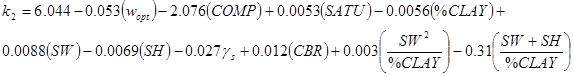 k subscript 2 equals 6.044 minus 0.053 times open parenthesis w subscript opt closed parenthesis minus 2.076 times open parenthesis COMP closed parenthesis plus 0.0053 times open parenthesis SATU closed parenthesis minus 0.0056 times open parenthesis percent CLAY closed parenthesis plus 0.0088 times open parenthesis SW closed parenthesis minus 0.0069 times open parenthesis SH closed parenthesis minus 0.027 times gamma subscript s plus 0.012 times open parenthesis CBR closed parenthesis plus 0.003 times open parenthesis SW raised to the power of 2 divided by percent CLAY closed parenthesis minus 0.31 times open parenthesis SW plus SH divided by percent CLAY closed parenthesis.