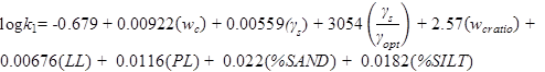 Log times k subscript 1 equals -0.679 plus 0.0922 times open parenthesis w subscript c closed parenthesis plus 0.00559 times open parenthesis gamma subscript s closed parenthesis plus 3,054 times open parenthesis gamma subscript s divided by gamma subscript opt closed parenthesis plus 2.57 times open parenthesis w subscript cratio closed parenthesis plus 0.00676 times open parenthesis LL closed parenthesis plus 0.0116 times open parenthesis PL closed parenthesis plus 0.022 times open parenthesis percent SAND closed parenthesis plus 0.0182 times open parenthesis percent SILT closed parenthesis.