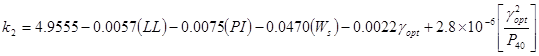 k subscript 2 equals 4.995 minus 0.0057 times open parenthesis LL closed parenthesis minus 0.0075 times open parenthesis PI closed parenthesis minus 0.0470 times open parenthesis W subscript s closed parenthesis minus 0.0022 times gamma subscript opt plus 2.8 times 10 raised to the power of -6 times open bracket gamma squared subscript opt divided by P subscript 40 closed bracket.