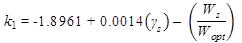 k subscript 1 equals -1.8961 plus 0.0014 times open parenthesis gamma subscript s closed parenthesis minus 0.1184 times open parenthesis W subscript s divided by W subscript opt closed parenthesis.