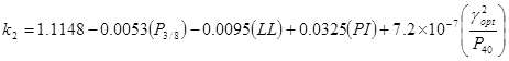 k subscript 2 equals 1.1148 minus 0.0053 times open parenthesis P subscript 3 divided by 8 closed parenthesis minus 0.0095 times open parenthesis LL closed parenthesis plus 0.0325 times open parenthesis PI closed parenthesis plus 7.2 times 10 raised to the power of -7 times open parenthesis gamma squared subscript opt divided by P subscript 40 closed parenthesis.