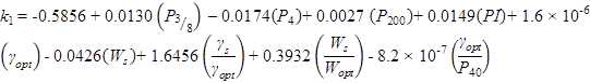 k subscript 1 equals -0.5856 plus 0.0310 times open parenthesis P subscript 3 divided by 8 closed parenthesis minus 0.0174 times open parenthesis P subscript 4 closed parenthesis plus 0.0027 times open parenthesis P subscript 200 closed parenthesis plus 0.0149 times open parenthesis PI closed parenthesis plus 1.6 times 10 raised to the power of -6 times open parenthesis gamma subscript opt closed parenthesis minus 0.0426 times open parenthesis W subscript s closed parenthesis plus 1.6456 times open parenthesis gamma subscript s divided by gamma subscript opt closed parenthesis plus 0.3932 times open parenthesis W subscript s divided by W subscript opt closed parenthesis minus 8.2 times 10 raised to the power of -7 times open parenthesis gamma subscript opt divided by P subscript 40 closed parenthesis.