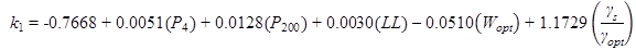 k subscript 1 equals -0.7668 plus 0.0051 times open parenthesis P subscript 4 closed parenthesis plus 0.0128 times open parenthesis P subscript 200 closed parenthesis plus 0.0030 times open parenthesis LL closed parenthesis minus 0.0510 times open parenthesis W subscript opt closed parenthesis plus 1.1729 times open parenthesis gamma subscript s divided by gamma subscript opt closed parenthesis.