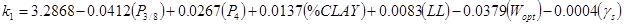 k subscript 1 equals  3.2868 minus 0.0412 times open parenthesis P subscript 3 divided by 8 closed parenthesis plus 0.0267 times open parenthesis P subscript 4 closed parenthesis plus 0.0137 times open parenthesis percent CLAY closed parenthesis plus 0.0083 times open parenthesis LL closed parenthesis minus 0.0379 times open parenthesis W subscript opt closed parenthesis minus 0.0004 times open parenthesis gamma subscript s closed parenthesis.