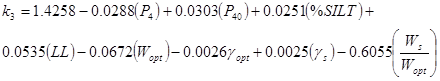 k subscript 3 equals 1.4258 minus 0.0288 times open parenthesis P subscript 4 closed parenthesis plus 0.0303 times open parenthesis P subscript 40 closed parenthesis plus 0.0251 times open parenthesis percent SILT closed parenthesis plus 0.0535 times open parenthesis LL closed parenthesis minus 0.0672 times open parenthesis W subscript opt closed parenthesis minus 0.0026 times gamma subscript opt plus 0.0025 times open parenthesis gamma subscript s closed parenthesis minus 0.6055 times open parenthesis W subscript s divided by W subscript opt closed parenthesis.