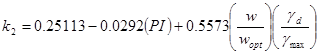 k subscript 2 equals 0.25113 minus 0.0292 times open parenthesis PI closed parenthesis plus 0.5573 times open parenthesis w divided by w subscript opt closed parenthesis times open parenthesis gamma subscript d divided by gamma subscript max closed parenthesis.