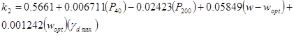 k subscript 2 equals 0.5661 plus 0.006711 times open parenthesis P subscript 40 closed parenthesis minus 0.02423 times open parenthesis P subscript 200 closed parenthesis plus 0.05849 times open parenthesis w minus w subscript opt closed parenthesis plus 0.001242 times open parenthesis w subscript opt closed parenthesis times open parenthesis gamma subscript dmax closed parenthesis.