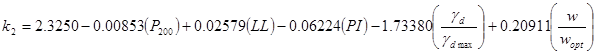 k subscript 2 equals 2.3250 minus 0.00853 times open parenthesis P subscript 200 closed parenthesis plus 0.02579 times open parenthesis LL closed parenthesis minus 0.06224 times open parenthesis PI closed parenthesis minus 1.73380 times open parenthesis gamma subscript d divided by gamma subscript dmax closed parenthesis plus 0.20911 times open parenthesis w divided by w subscript opt closed parenthesis.