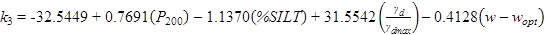 k subscript 3 equals -32.5449 plus 0.7691 times open parenthesis P subscript 200 closed parenthesis minus 1.1370 times open parenthesis percent SILT closed parenthesis plus 31.5542 times open parenthesis gamma subscript d divided by gamma subscript dmax closed parenthesis minus 0.4128 times open parenthesis w minus w subscript opt closed parenthesis.