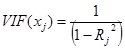 VIF times open parenthesis x subscript j closed parenthesis equals 1 divided by open parenthesis 1 minus R subscript j squared closed parenthesis.