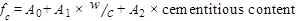 f subscript c equals A subscript 0 plus A subscript 1 times w/c plus A subscript 2 times cementitious content.