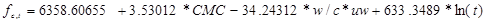 f subscript c,t equals 6,358.60655 plus 3.53012 times CMC minus 34.24312 times w/c times uw plus 633.3489 times natural log open parenthesis t closed parenthesis.