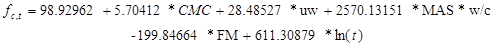 f subscript c,t equals 98.92962 plus 5.70412 times CMC plus 28.48527 times uw plus 2,570.13151 times MAS times w/c minus 199.84664 times FM plus 611.30879 times natural log open parenthesis t closed parenthesis.