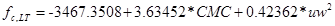 f subscript c,LT equals -3,467.3508 plus 3.508 plus 3.63452 times CMC plus 0.42362 times uw squared.