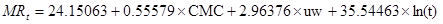 MR subscript t equals 24.15063 plus 0.55579 times CMC plus 2.96376 times uw plus 35.54463 times natural log times open parenthesis t closed parenthesis.