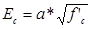 E subscript c equals a times the square root of f prime subscript c.