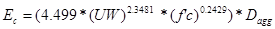 E subscript c equals open parenthesis 4.499 times open parenthesis UW closed parenthesis raised to the power of 2.3481 times open parenthesis f prime c closed parenthesis raised to the power of 0.2429 closed parenthesis times D subscript agg.