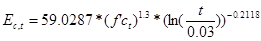 E subscript c,t equals 59.0287 times open parenthesis f prime c subscript t closed parenthesis raised to the power of 1.3 times open parenthesis natural log open parenthesis t divided by 0.03 closed parenthesis, closed parenthesis raised to the power of -0.2118.