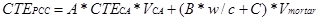 CTE subscript PCC equals A times CTE subscript CA times V subscript CA plus open parenthesis B times w/c plus C closed parenthesis times V subscript mortar.