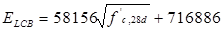 E subscript LCB equals 58,156 times the square root of f prime subscript c,28d plus 716,886.