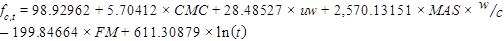 f subscript c,t equals 98.92962 plus 5.70412 times CMC plus 28.48527 times uw plus 2570.13151 times MAS times w/c minus 199.84664 times FM plus 611.30879 times natural log open parenthesis t closed parenthesis.