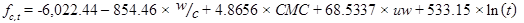 f subscript c,t equals -6,022.44 minus 854.46 times w/c plus 4.8656 times CMC plus 68.5337 times uw plus 533.15 times natural log open parenthesis t closed parenthesis.