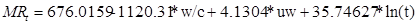 MR subscript t equals 676.0159 minus 1,120.31 times w/c plus 4.1304 times uw plus 35.74627 times natural log times open parenthesis t closed parenthesis.