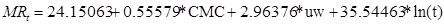 MR subscript t equals 24.15063 plus 0.55579 times CMC plus 2.96376 times uw plus 35.54463 times natural log times open parenthesis t closed parenthesis.