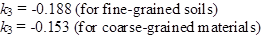 k subscript 3 equals -0.188 (for fine-grained soils) or -0.153 (for coarse-grained materials).