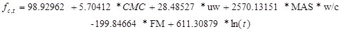 f subscript c,t equals 98.92962 plus 5.70412 times CMC plus 28.48527 times uw plus 2,570.13151 times MAS times w/c minus 199.84664 times FM plus 611.30879 times natural log open parenthesis t closed parenthesis.