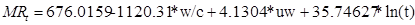 MR subscript t equals 676.0159 minus 1,120.31 times w/c plus 4.1304 times uw plus 35.74627 times natural log open parenthesis t closed parenthesis.