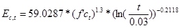 . E subscript c,t equals 59.0287 times open parenthesis f prime times c subscript t closed parenthesis raised to the power of 1.3 times open parenthesis natural log open parenthesis t divided by 0.03 closed parenthesis, closed parenthesis raised to the power of -0.2118.