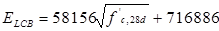 E subscript LCB equals 58,156 times the square root of f prime subscript c,28 d plus 716,886