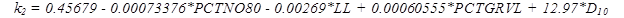 k subscript 2 equals 0.45679 minus 0.00073376 times PCTNO80 minus 0.00269 times LL plus 0.00060555 times PCTGRVL plus 12.97 times D subscript 10.