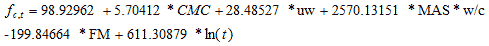 f subscript c,t equals 98.92962 plus 5.70412 times CMC plus 28.48527 times uw plus 2,570.13151 times MAS times w/c minus 199.84664 times FM plus 611.30879 times natural log open parenthesis t closed parenthesis.