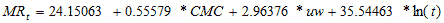 MR subscript t equals 24.15063 plus 0.55579 times CMC plus 2.96376 times uw plus 35.54463 times natural log open parenthesis t closed parenthesis.