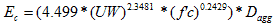 E subscript c equals open parenthesis 4.499 times open parenthesis UW closed parenthesis raised to the power of 2.3481 times open parenthesis f prime times c closed parenthesis raised to the power of 0.2429 closed parenthesis times D subscript agg.