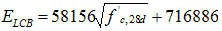 E subscript LCB equals 58,156 times the square root of f prime subscript c,28d plus 716,886.