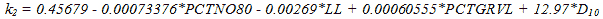 k subscript 2 equals 0.45679 minus 0.00073376 times PCTNO80 minus 0.00269 times LL plus 0.00060555 times PCTGRVL plus 12.97 times D subscript 10.