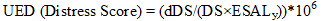 UED open parenthesis Distress Score closed parenthesis equals open parenthesis dDS divided by open parenthesis DS times ESAL subscript y closed parenthesis closed parenthesis times 10 raised to the 6th power.