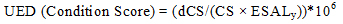 UED open parenthesis Condition Score closed parenthesis equals open parenthesis dCS divided by open parenthesis CS times ESAL subscript y closed parenthesis closed parenthesis times 10 raised to the 6th power.