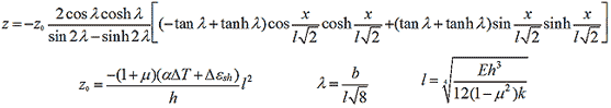 The variable z equals the product of three terms. The first term is negative z subscript zero. The second term is a fraction. The numerator is 2 times the cosine of lambda times the hyperbolic cosine of lambda. The denominator is the sine of the quantity 2 times lambda minus the hyperbolic sine of the quantity 2 times lambda. The third term is the sum of two sub-terms. The first sub-term is the product of three items. Item 1 is the cosine of a quotient, where the quotient has x as the numerator and the product of l and the square root of 2 as the denominator. Item 2 is the hyperbolic cosine of a quotient, where the quotient has x as the numerator and the product of l and the square root of 2 as the denominator. Item 3 is the hyperbolic tangent of lambda minus the tangent of lambda. The second sub-term is the product of three items. Item 1 is the sine of a quotient, where the quotient has x as the numerator and the product of l and the square root of 2 as the denominator. Item 2 is the hyperbolic sine of a quotient, where the quotient has x as the numerator and the product of l  and the square root of 2 as the denominator. Item 3 is the hyperbolic tangent of lambda plus the tangent of lambda. The equation includes additional expressions for z subscript zero, lambda, and radius of relative stiffness. The value of z subscript zero is equal to l squared times the opposite of one plus mu, times the sum of the temperature gradient and the moisture gradient. The value of lambda is equal to a fraction with b as the numerator and l  times the square root of 8 as the denominator. l is equal to a fraction taken to the fourth root, where the numerator is the product of h to the third power and E. The denominator is the product of 12, k, and 1 minus the square of mu.