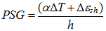 PSG is the sum of the moisture gradient (delta epsilon subscript sh over h) and the temperature gradient (alpha delta T over h).