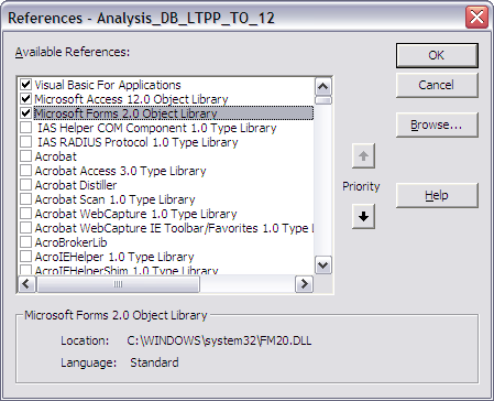 The screen capture is a dialog box that shows the list of Microsoft® Access Reference Libraries available for the Long-Term Pavement Performance (LTPP) Pavement Loading User Guide (PLUG) database. The available reference libraries are displayed in a list box in the left side of the dialog box. The first three reference libraries are selected. They are “Visual Basic for Applications,” “Microsoft Access 12.0 Object Library,” and “Microsoft Forms 2.0 Object Library.” To the right of the list of references are up and down arrow key buttons to set the priority for the available library references. To the right of the arrow key buttons are four command buttons—OK, Cancel, Browse, and Help—listed from top to bottom. Below the list of references is a frame that shows the location of the selected library reference and the language.