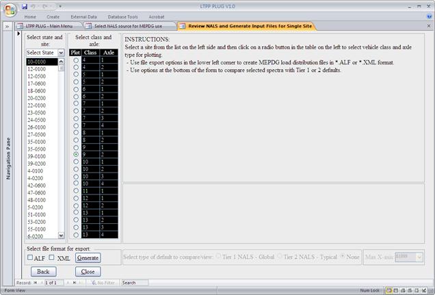 The screen capture is the form used for review and generation of Mechanistic-Empirical Pavement Design Guide (MEPDG) input files for site-specific normalized axle load spectra (NALS). There are seven frames in the form. The left-most frame, entitled “Select state and site,” contains a drop-down box to select State and below that is a list box with site IDs for which NALS are available. To the right of this frame is another frame, entitled “Select class and axle,” that contains a table with three columns. The first column, entitled “Plot,” is a list of radio buttons assigned for each vehicle class-axle type. The next two columns, entitled “Class” and “Axle,” display all available vehicle classes (4–13) and axle types (1–4) for each vehicle class. Below these two frames is another frame entitled “Select file format for export.” It contains two check boxes labeled “ALF” and “XML” and a command button labeled “Generate” to the right of the two check boxes. Below this frame are two command buttons—“Back” and “Close.”
To the right of the “Select class and axle:” frame is another frame with the following instructions for plotting the NALS:
“INSTRUCTIONS:
Select a site from the list on the left side and then click on a radio button in the table on the left to select vehicle class and axle type for plotting.
-	Use file export options in the lower left corner to create MEPDG load distribution files in *.ALF or *.XML format.
-	Use options at the bottom of the form to compare selected spectra with Tier 1 or 2 defaults.”
Below this is an empty frame and toward the bottom of the form are two frames with disabled (grayed out) controls. The left frame contains the text “Select type of default to compare/view” followed by three radio buttons with the following labels: 
•	Tier 1 NALS—Global.
•	Tier 2 NALS—Typical.
•	None.
The bottom right frame contains a drop-down box to set the maximum x-axis value for the NALS plot.
