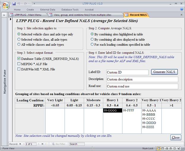 The screen capture is a form to compute and record user-defined normalized axle load spectra (NALS). There are four frames and a table in the form. The top-left frame, entitled “Step 1: Site selection applies to,” contains three radio buttons with the following labels: •	Selected vehicle class and axle type only.
•	Selected vehicle class, all axle types.
•	All vehicle classes and axle types.
The second frame is to the right of the previous frame. This frame, entitled “Step 2: Compute Average NALS,” contains three radio buttons with the following labels: 
•	By combining NALS for the sites highlighted in the table.
•	By combining NALS for all the sites displayed in the table.
•	For each loading condition specified in the table header.
The third frame is below the first frame. This frame, entitled “Step 3: Select output format,” contains three checkboxes with the following labels:
•	Database table (USER_DEFINED_NALS).
•	MEPDG *.alf file.
•	DARWin-ME *.xml file.
To the right of the previous frame is the fourth frame. This frame, entitled “Enter label/ID for computed NALS,” has a note below the frame title that states: “Note: This ID will be used in the USER_DEFINED_NALS table and as a file name for ALF and XML files.” Below the note are three text boxes with the following labels: “Label/ID,” “Description,” and “Road Use.” The text boxes from top to bottom contain the following: “Custom ID,” “Custom description,” and “Custom road use.” To the right of the first text box is a command button labeled “Generate NALS.”
Below the above frame is a table entitled “Grouping of sites based on loading conditions observed for vehicle class 9 tandem axles.” The table has eight columns. It displays results based on the selection of sites and class and axle made in the frames described above. Columns are labeled with the various loading conditions from Very Light through Very Heavy 2. Below these are the respective relative pavement performance impact factors (RPPIF) for those conditions. In this case, the sites selected are displayed in the Heavy1, Heavy 2, and Very Heavy 1 columns. Note that the table includes the instructions: “To read description of a load spectrum, click on a site ID (select one site at a time).” 
In the bottom right corner of the form is the command button “Close.” 
