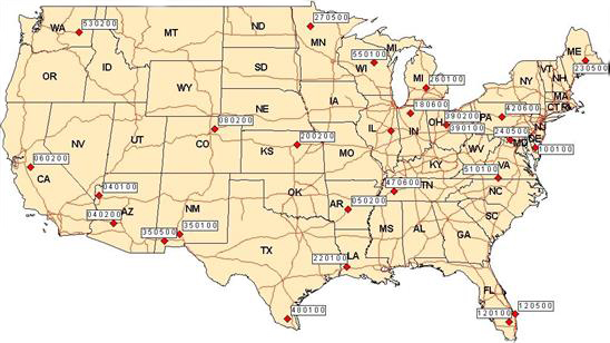Figure 4. Illustration. Map of SPS TPF study sites. This map shows the location of all Specific Pavement Studies Transportation Pooled Fund (SPS TPF) study sites in the United States. Pins are used to mark the location of the sites on the map, and the sites are identified by a six digit number in a rectangular box. The first two digits represent the State code, and the last four represent the Strategic Highway Research Program (SHRP) ID. An example of a site ID is 240500, where 24 represents the State code and 0500 represents the SHRP ID.