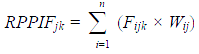 Figure 36. Equation. RPPIF statistic for vehicle class and axle type. RPPIF subscript jk equals summation with values for i ranging from 1 through n of open parenthesis F subscript ijk times W subscript ij closed parenthesis.